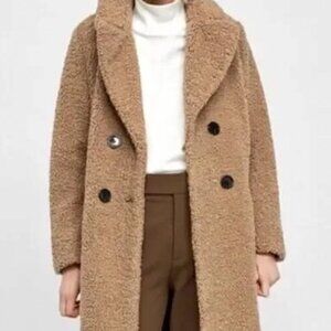 Zara Double-Breasted Teddy Coat in Camel - XS